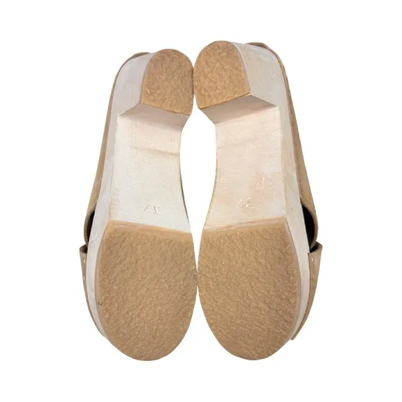 BRYR Sybil Leather Clogs Women's Tan Heeled Mules Wooden Platform