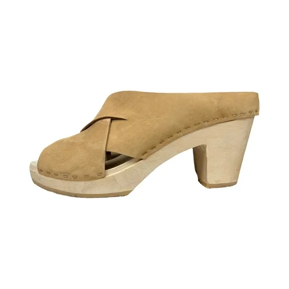 BRYR Sybil Leather Clogs Women's Tan Heeled Mules Wooden Platform