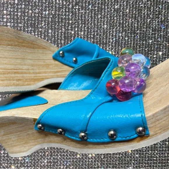 Bubblegum sandals vintage 80s 90s blue studded wedge heeled slides blue y2k