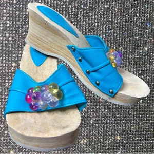 Bubblegum sandals vintage 80s 90s blue studded wedge heeled slides blue y2k