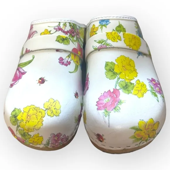 Buxa Floral Leather Clogs Wooden Sole Slip-On Round Toe Shoes Size 41