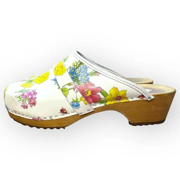 Buxa Floral Leather Clogs Wooden Sole Slip-On Round Toe Shoes Size 41