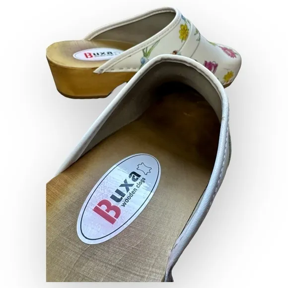 Buxa Floral Leather Clogs Wooden Sole Slip-On Round Toe Shoes Size 41