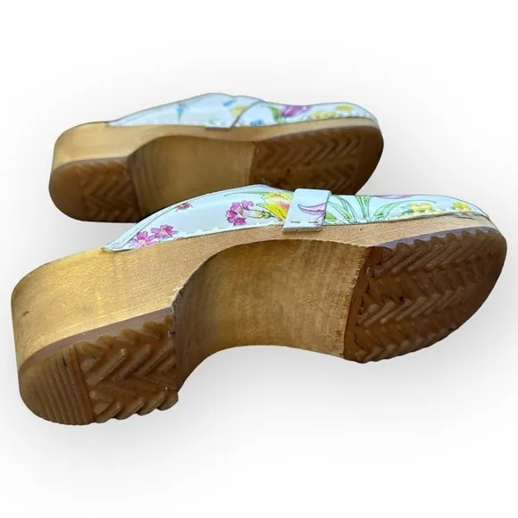 Buxa Floral Leather Clogs Wooden Sole Slip-On Round Toe Shoes Size 41