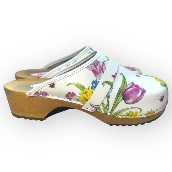 Buxa Floral Leather Clogs Wooden Sole Slip-On Round Toe Shoes Size 41