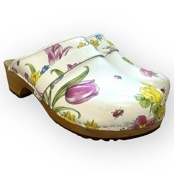 Buxa Floral Leather Clogs Wooden Sole Slip-On Round Toe Shoes Size 41