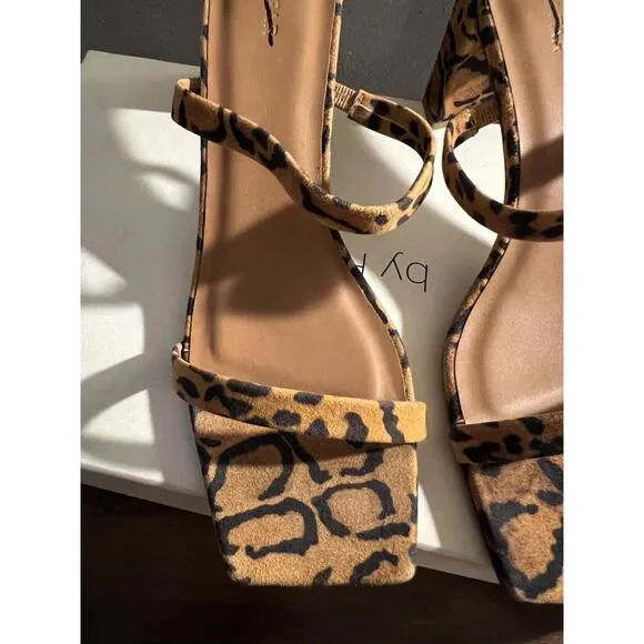 BY FAR TANYA LEOPARD PRINT SUEDE HEELED STRAPPY SANDAL/MULES EUR 38 US SZ 8