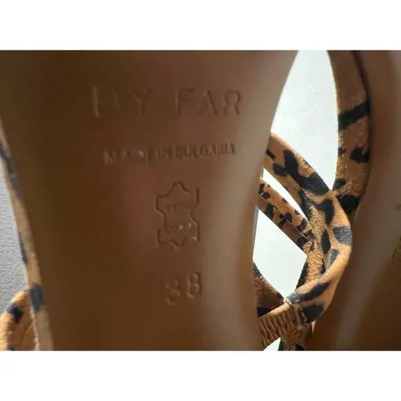 BY FAR TANYA LEOPARD PRINT SUEDE HEELED STRAPPY SANDAL/MULES EUR 38 US SZ 8