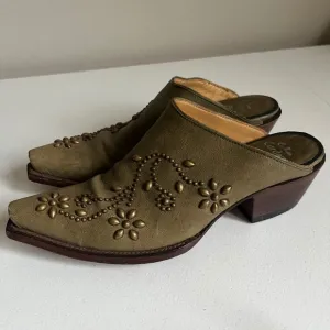 Calleen Cordero Studded Leather Mules Western Style Heeled Boot Olive Green 8