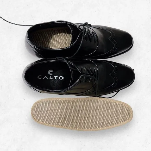 Calto Mens G51123 Black Leather Almond Toe Lace Up Elevator Oxford Shoe Size 6.5