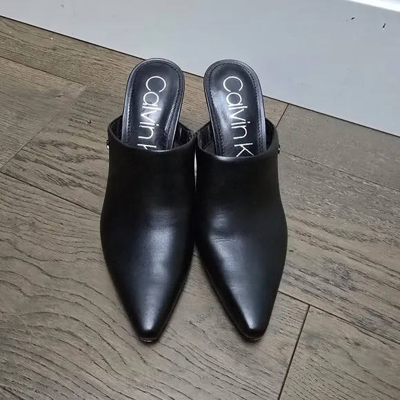 Calvin Klein Odina Sculpted Heel Pointed Toe Dress Mules in Black