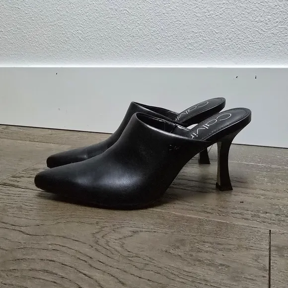 Calvin Klein Odina Sculpted Heel Pointed Toe Dress Mules in Black