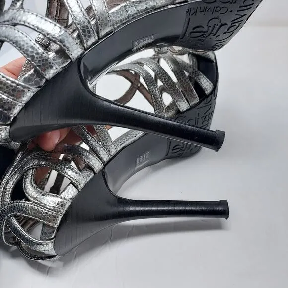 Calvin Klein Silver Strappy Peep Toe Heels Size 6.5