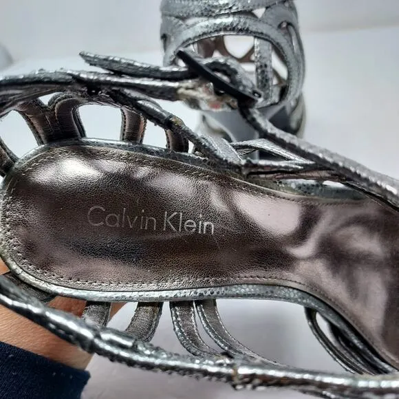 Calvin Klein Silver Strappy Peep Toe Heels Size 6.5