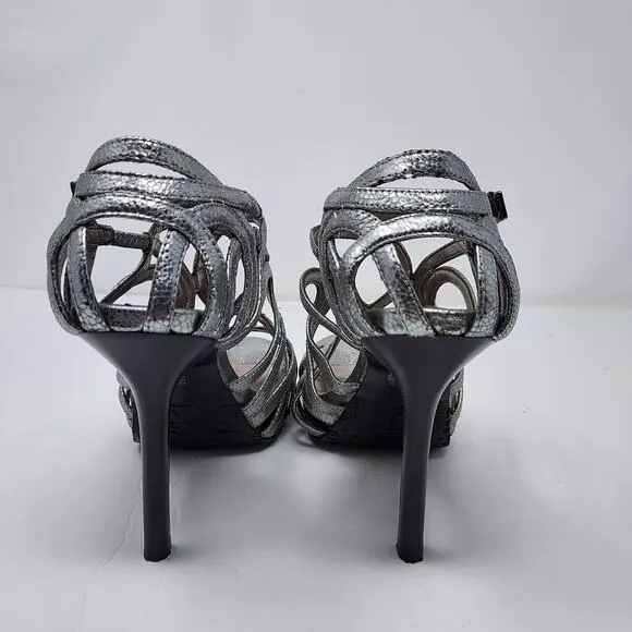 Calvin Klein Silver Strappy Peep Toe Heels Size 6.5