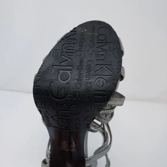 Calvin Klein Silver Strappy Peep Toe Heels Size 6.5