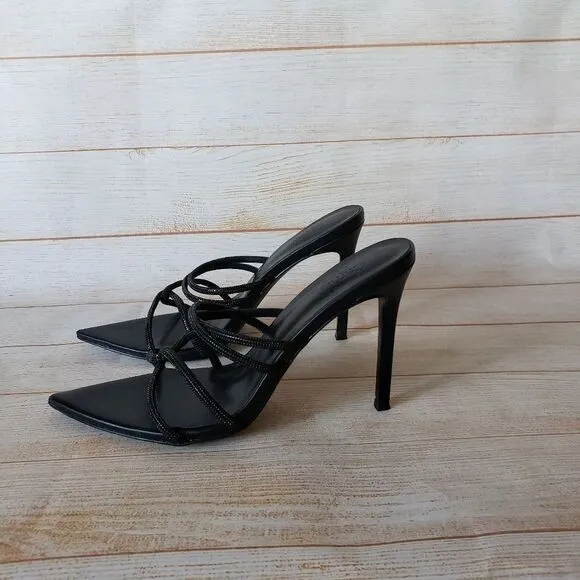 Camila Coelho Crystal Criss-Cross Strappy Pointy Toe Stiletto Heels Pumps Black