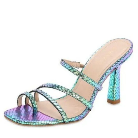 Carvela Metallic Turquoise Snakeskin Leather Strap Stiletto Open Toe Sandal 7.5