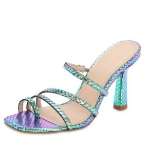 Carvela Metallic Turquoise Snakeskin Leather Strap Stiletto Open Toe Sandal 7.5