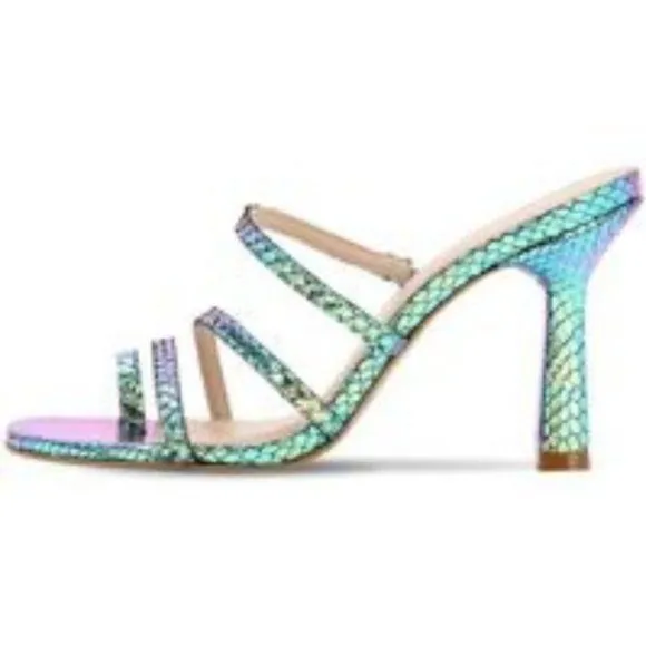 Carvela Metallic Turquoise Snakeskin Leather Strap Stiletto Open Toe Sandal 7.5