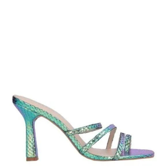 Carvela Metallic Turquoise Snakeskin Leather Strap Stiletto Open Toe Sandal 7.5