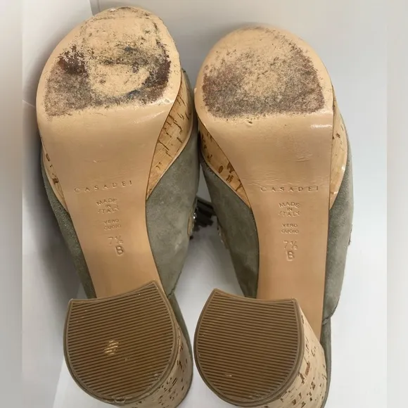 Casadei Suede Tassel Cork Mules Platform Olive Green EXCELLENT CONDITION!