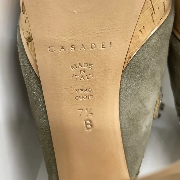 Casadei Suede Tassel Cork Mules Platform Olive Green EXCELLENT CONDITION!