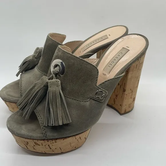 Casadei Suede Tassel Cork Mules Platform Olive Green EXCELLENT CONDITION!