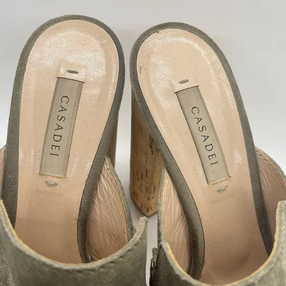 Casadei Suede Tassel Cork Mules Platform Olive Green EXCELLENT CONDITION!