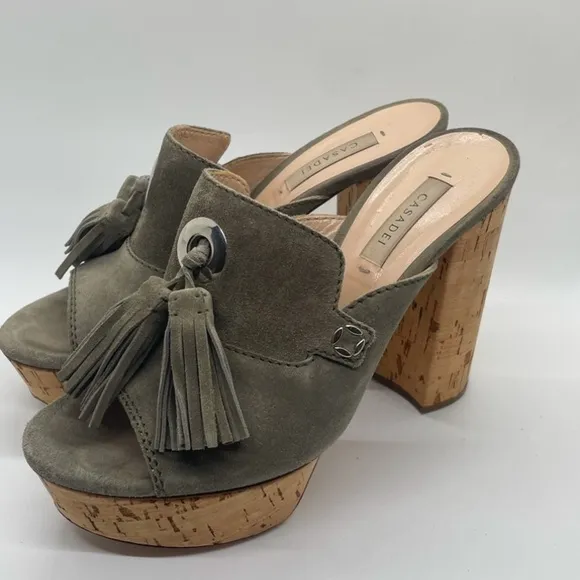 Casadei Suede Tassel Cork Mules Platform Olive Green EXCELLENT CONDITION!