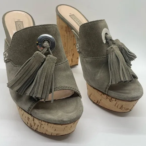 Casadei Suede Tassel Cork Mules Platform Olive Green EXCELLENT CONDITION!