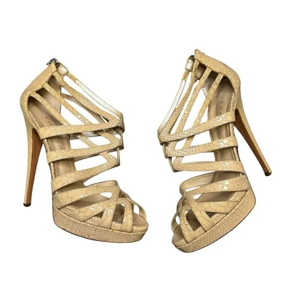 CASADEI Women's Beige Leather Strappy Open Toe Platform Sandal Heels Size 10B