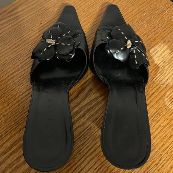 celine vintage black pointed toe mules 39