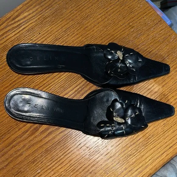 celine vintage black pointed toe mules 39