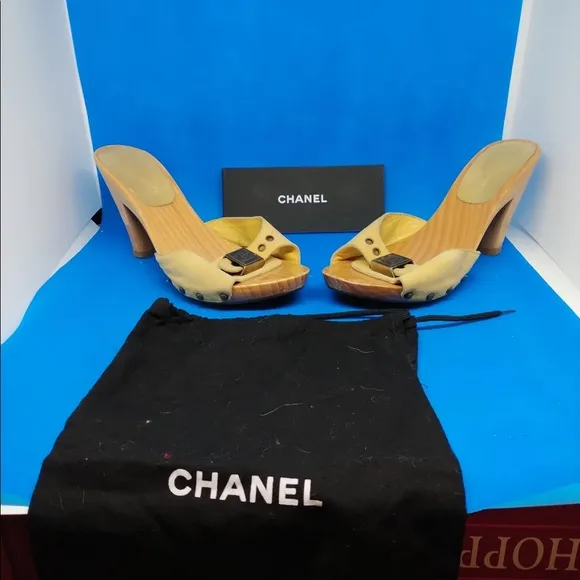 CHANEL MUSTARD YELLOW MULES SUEDE LEATHER ADJ STRAP METAL LOGO SZ 37