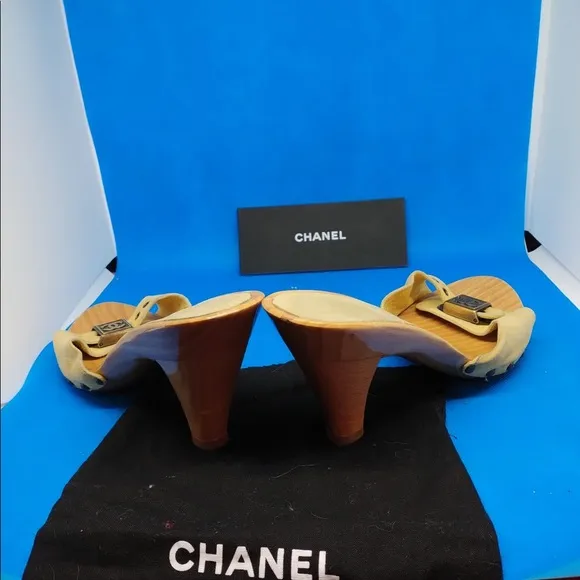 CHANEL MUSTARD YELLOW MULES SUEDE LEATHER ADJ STRAP METAL LOGO SZ 37