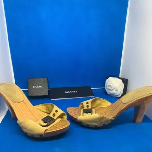 CHANEL MUSTARD YELLOW MULES SUEDE LEATHER ADJ STRAP METAL LOGO SZ 37