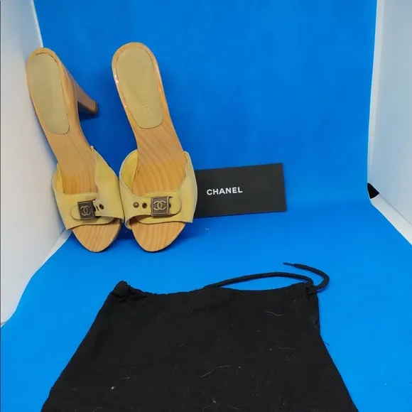 CHANEL MUSTARD YELLOW MULES SUEDE LEATHER ADJ STRAP METAL LOGO SZ 37
