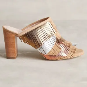 Charlotte Stone Morely Fringe Mules Size:6 Color:Tan Suede Metallic Leather