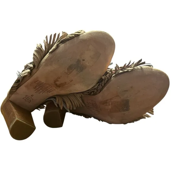 Charlotte Stone Morely Fringe Mules Size:6 Color:Tan Suede Metallic Leather