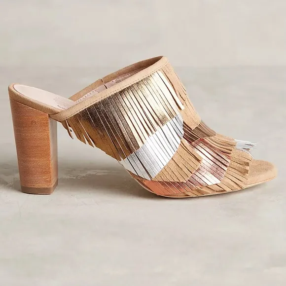 Charlotte Stone Morely Fringe Mules Size:6 Color:Tan Suede Metallic Leather