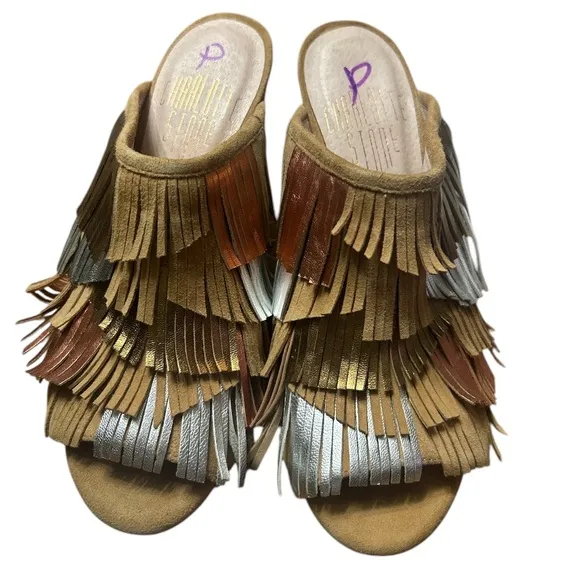 Charlotte Stone Morely Fringe Mules Size:6 Color:Tan Suede Metallic Leather