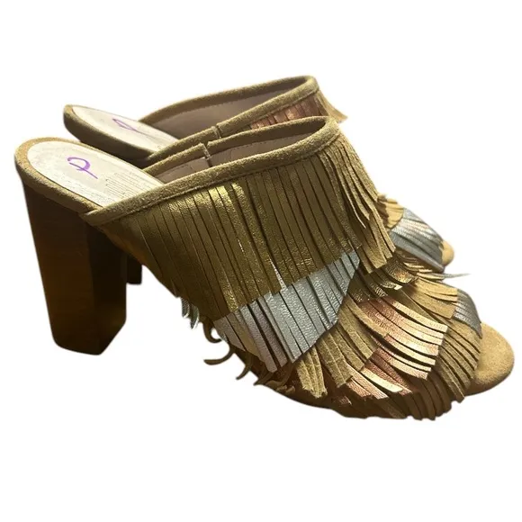 Charlotte Stone Morely Fringe Mules Size:6 Color:Tan Suede Metallic Leather