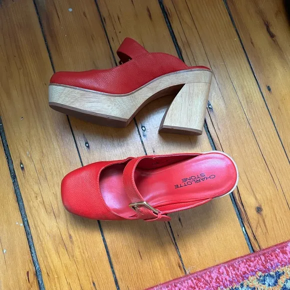 Charlotte Stone Red Platform Mules with Wooden Heel