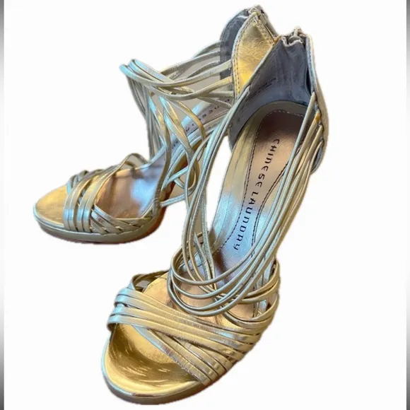CHINESE LAUNDRY Strappy Sexy Gold 4” Platform Heels,‎ 7