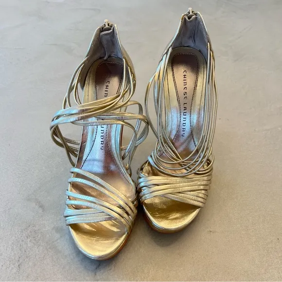 CHINESE LAUNDRY Strappy Sexy Gold 4” Platform Heels,‎ 7