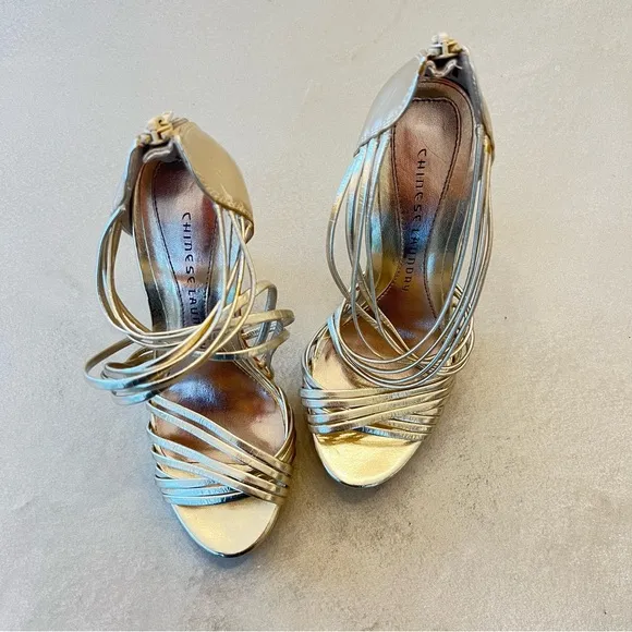 CHINESE LAUNDRY Strappy Sexy Gold 4” Platform Heels,‎ 7