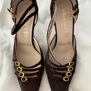 Chocolate Brown Suede Slingback Heels with Gold Accents