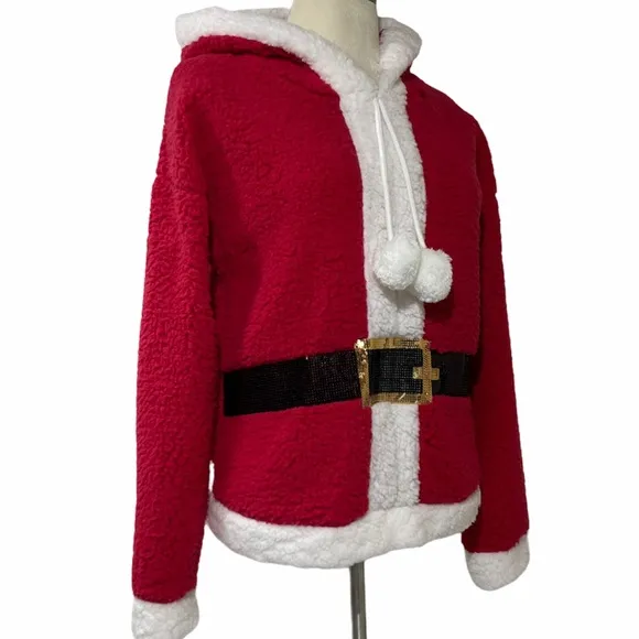 Christmas Sweater Santa Glitter Sherpa Pullover Hoodie Mrs Claus Mrs Santa Claus