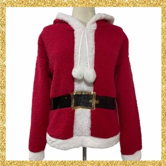 Christmas Sweater Santa Glitter Sherpa Pullover Hoodie Mrs Claus Mrs Santa Claus
